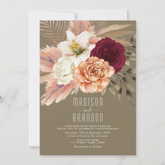 Rustieke Olijfgroen & Bourgogne Bloemen Huwelijk Kaart (Voorkant)