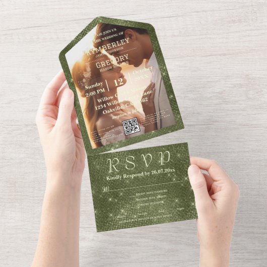 Rustieke Olijfgroene Faux Burlap Foto QR Code All In One Uitnodiging (Afscheurbaar)