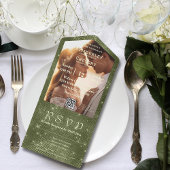 Rustieke Olijfgroene Faux Burlap Foto QR Code All In One Uitnodiging