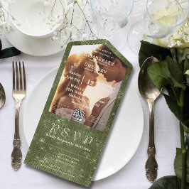 Rustieke Olijfgroene Faux Burlap Foto QR Code All In One Uitnodiging