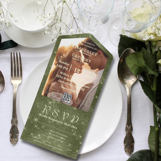 Rustieke Olijfgroene Faux Burlap Foto QR Code All In One Uitnodiging
