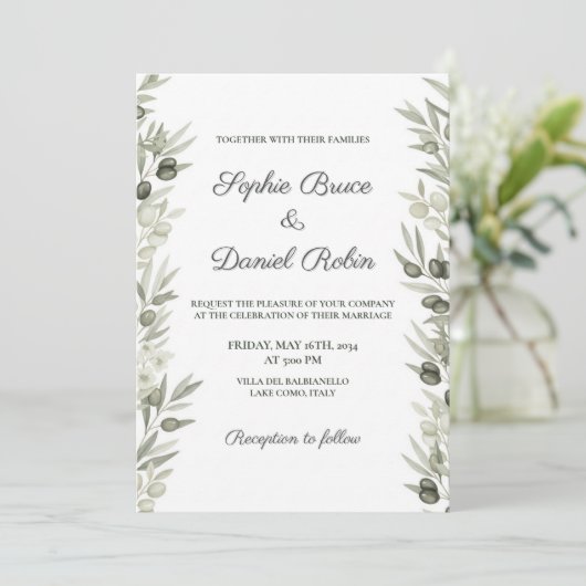 Rustieke Olijftak en Bloemen Huwelijksuitnodiging Kaart (Staand voorkant)
