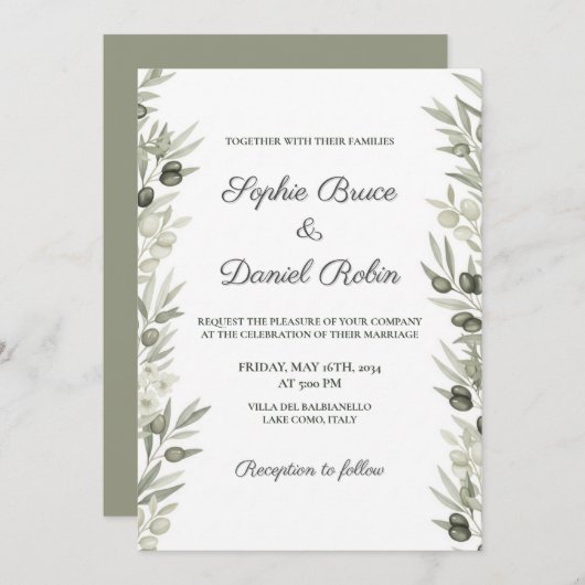 Rustieke Olijftak en Bloemen Huwelijksuitnodiging Kaart (Voorkant / Achterkant)