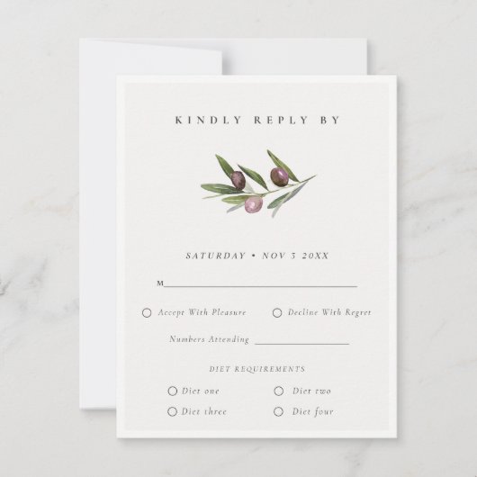 Rustieke Olijftak Foliage Bruiloft Dieet RSVP (Voorkant)