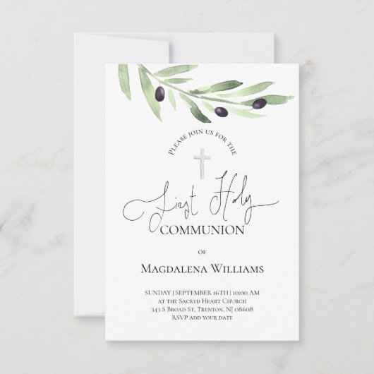rustieke olijftak Katholiek Eerste Communie Invit Kaart (Voorkant)