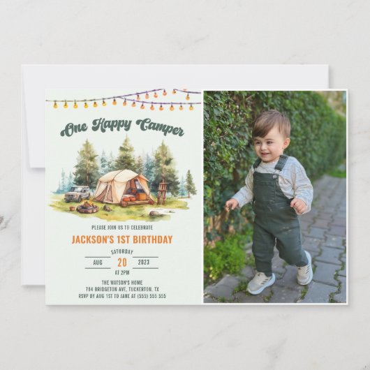Rustieke One Happy Camper 1e verjaardagsfeest Kaart (Voorkant)