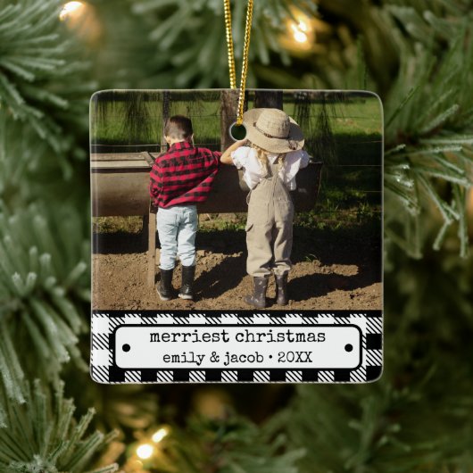 Rustieke One Photo  Plaid Custom Christmas Keramisch Ornament (Boom)