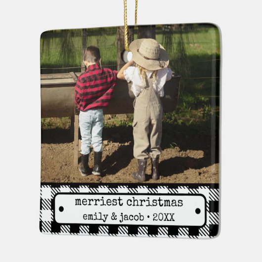 Rustieke One Photo Plaid Custom Christmas Keramisch Ornament (Links)