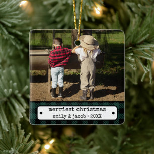 Rustieke One Photo Plaid Custom Christmas Keramisch Ornament