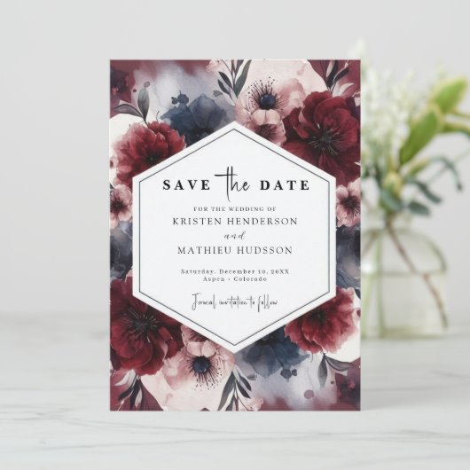 Rustieke online Bourgondische bruiloft Save The Date (Staand voorkant)