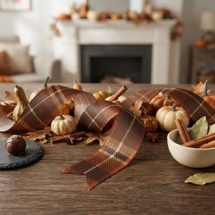 Rustieke Oogst Herfst Tartan Plaid Oranje & Bruin Satijnen Lint
