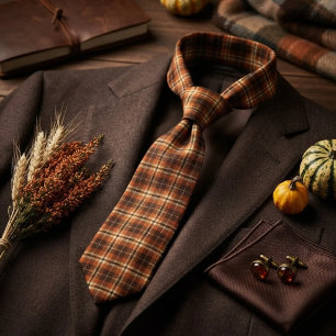 Rustieke Oogst Herfst Tartan Plaid Oranje & Bruin Stropdas