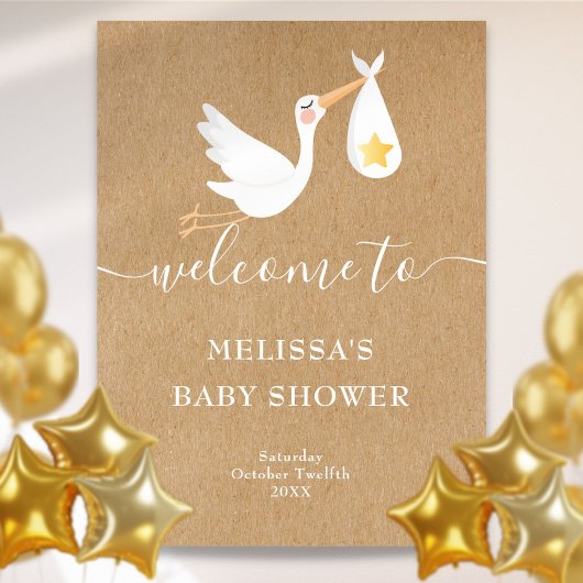 Rustieke Ooievaar Gouden Ster Baby Shower Welkomst Poster