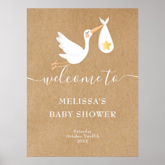 Rustieke Ooievaar Gouden Ster Baby Shower Welkomst Poster (Voorkant)