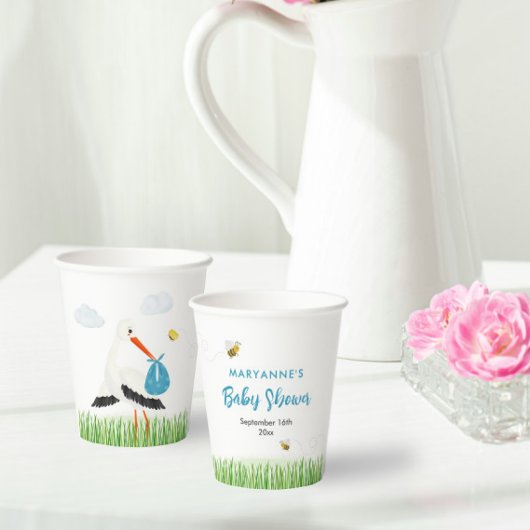 Rustieke Ooievaar met Bee & Butterfly Boy Baby sho Papieren Bekers