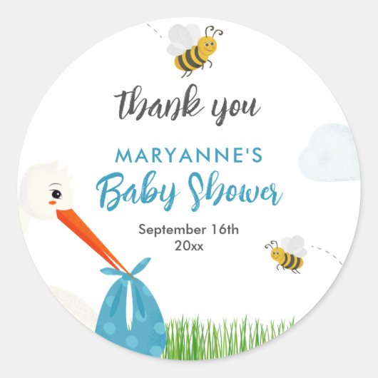 Rustieke Ooievaar met Bee & Butterfly Boy Baby sho Ronde Sticker (Voorkant)