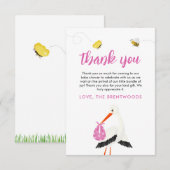 Rustieke Ooievaar met Bee & Vlinder Meisje Baby sh Bedankkaart (Voorkant / Achterkant)