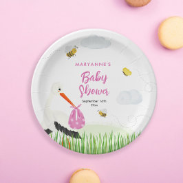 Rustieke Ooievaar met Bee & Vlinder Meisje Baby sh Papieren Bordje