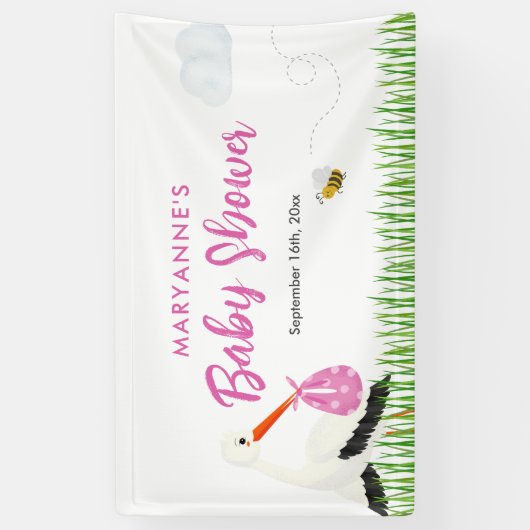 Rustieke Ooievaar met Bee & Vlinder Meisje Baby sh Spandoek (Verticaal)