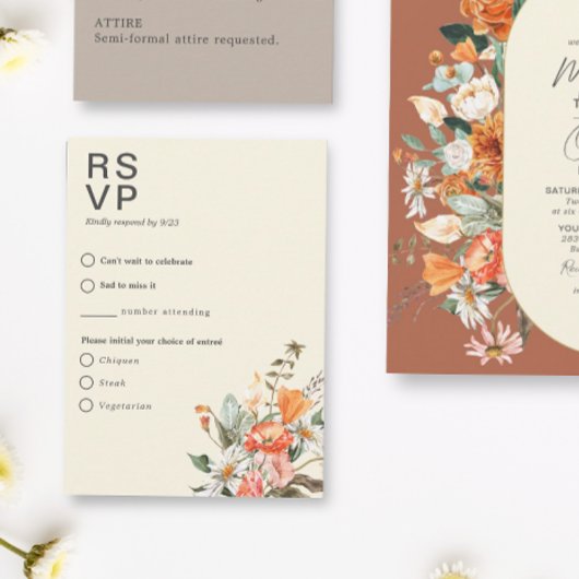 Rustieke Oranje bloemen met maaltijdkeuze RSVP Kaartje