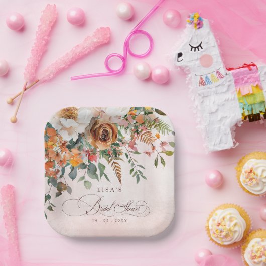 Rustieke Oranje Bloemige Herfst Bruidsdouche  Papieren Bordje (Feest)