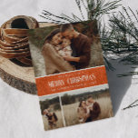 Rustieke Oranje Boerderij Christmas 3 Photo Collag Feestdagenkaart<br><div class="desc">Dit eenvoudige en rustieke vakantieontwerp beschikt over een collage van uw drie beste familiefoto's over een rustieke papieren textuur in boerderijverbrande oranje kleur en het woord "Merry Christmas" in scripttekst. Ideaal voor wenskaarten in boerderijstijl. Voeg eenvoudig uw beste foto, uw familienamen en jaar toe met behulp van de sjabloon. Voeg...</div>