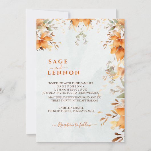 Rustieke Oranje Boho Waterverf Blush Bruiloft Kaart (Voorkant)