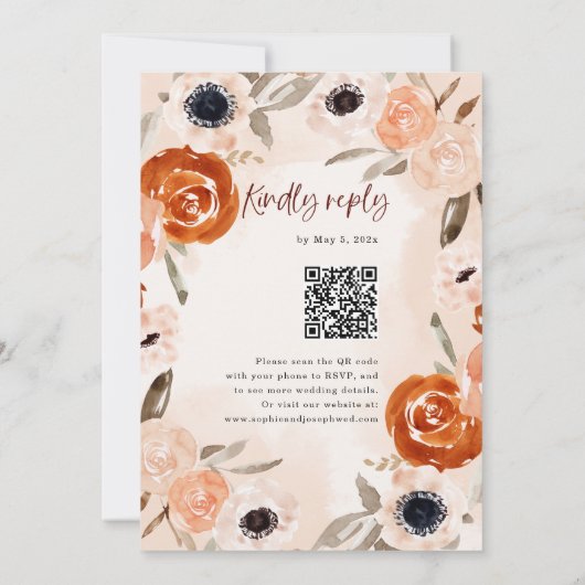 Rustieke Oranje Boho Waterverf RSVP QR Code Trouwe Kaart (Achterkant)