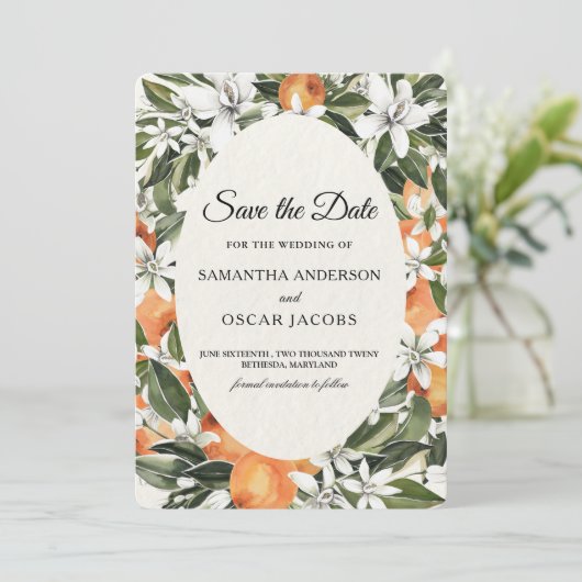 Rustieke Oranje citrusbloem | Elegant Boho Save The Date (Staand voorkant)