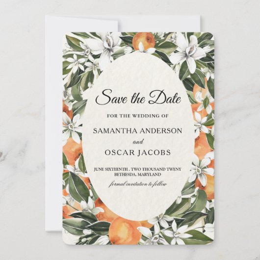 Rustieke Oranje citrusbloem | Elegant Boho Save The Date (Voorkant)