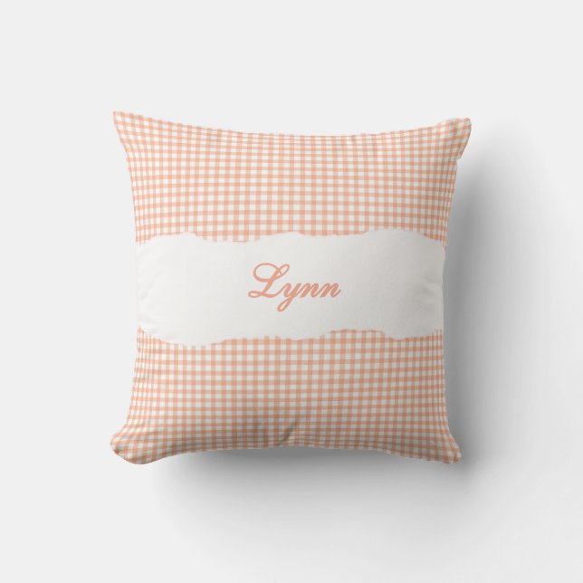 Rustieke Oranje Gingham Persoonlijke Naam Kussen (Voorkant)