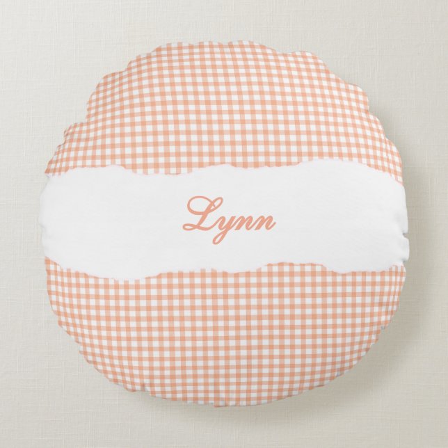 Rustieke Oranje Gingham Persoonlijke Naam Rond Kussen (Voorkant)