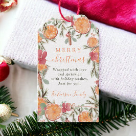 Rustieke Oranje Pine Bloemen Waterverf Kerst Cadeaulabel
