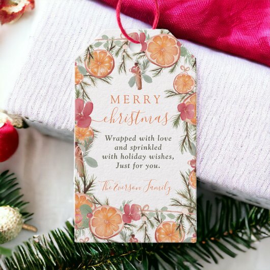 Rustieke Oranje Pine Bloemen Waterverf Kerst Cadeaulabel