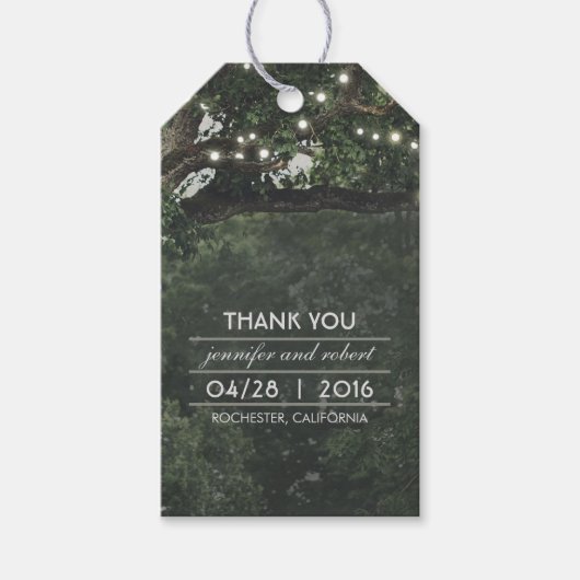 Rustieke oude boom string lampjes bruiloft dank u cadeaulabel (Voorkant)