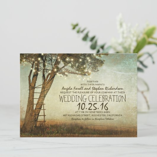 Rustieke oude boom & string lichten bruiloft uitno kaart (Staand voorkant)