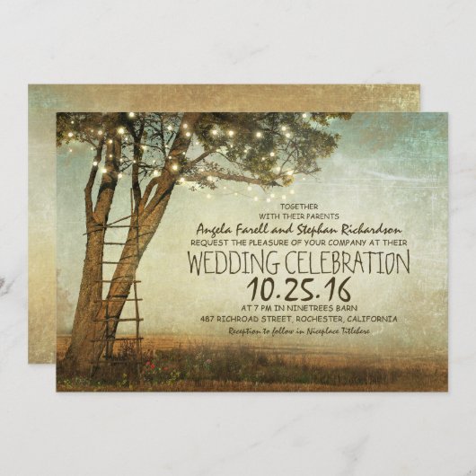 Rustieke oude boom & string lichten bruiloft uitno kaart (Voorkant / Achterkant)