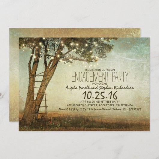 Rustieke oude boom & string lichten verlovingsfees kaart (Voorkant / Achterkant)