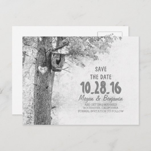 Rustieke oude boom zwart & wit save the date aankondigingskaart (Voorkant / Achterkant)