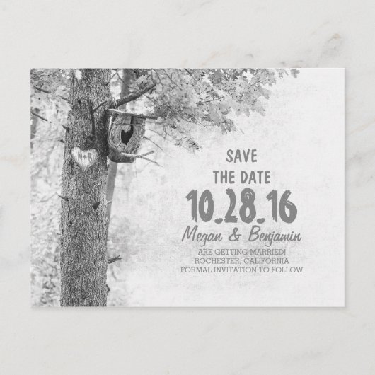Rustieke oude boom zwart & wit save the date aankondigingskaart (Voorkant)