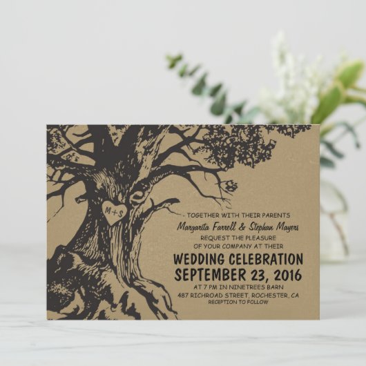 Rustieke oude eiken boom bruiloft uitnodigingen (Staand voorkant)