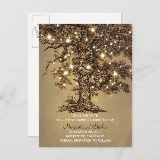 Rustieke oude eiken boomlichten bewaren de datum b aankondigingskaart (Voorkant / Achterkant)