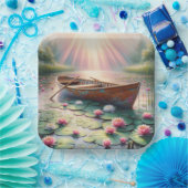Rustieke oude roeiboot in waterlelies papieren bordje (Feest)