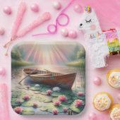 Rustieke oude roeiboot in waterlelies papieren bordje (Feest)