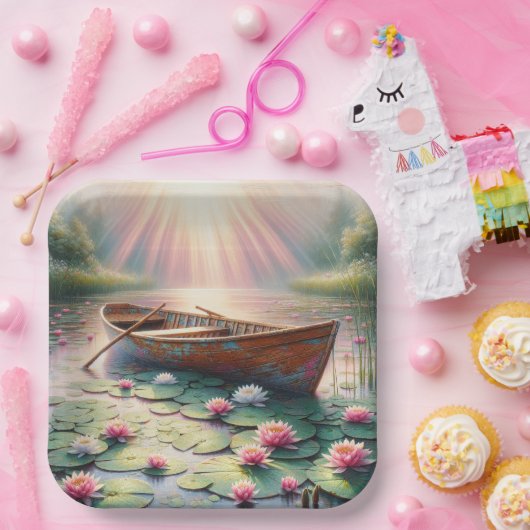Rustieke oude roeiboot in waterlelies papieren bordje (Feest)
