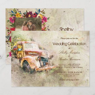  rustieke oude truck trendy foto bruiloft kaart