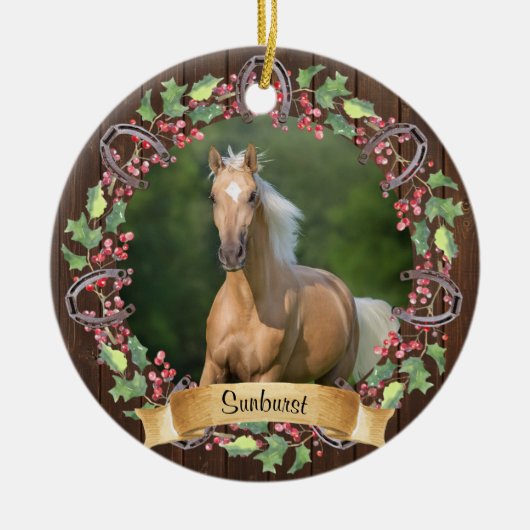 Rustieke Paard Foto Gepersonaliseerde Kerstmis Keramisch Ornament (Voorkant)