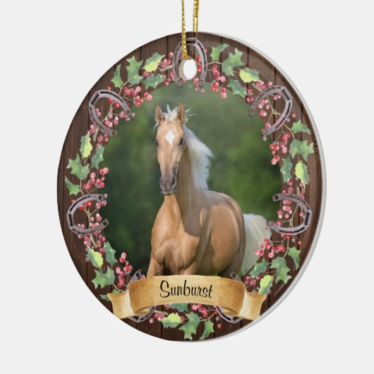 Rustieke Paard Foto Gepersonaliseerde Kerstmis Keramisch Ornament (Links)
