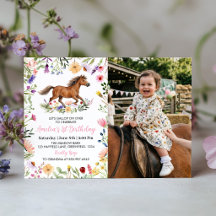 Rustieke Paard Wilde Bloem Verjaardags Foto Uitnod