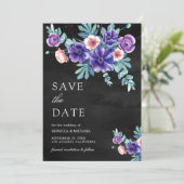 Rustieke Paarse Anemonen Boeket Zwart Huwelijk Save The Date (Staand voorkant)